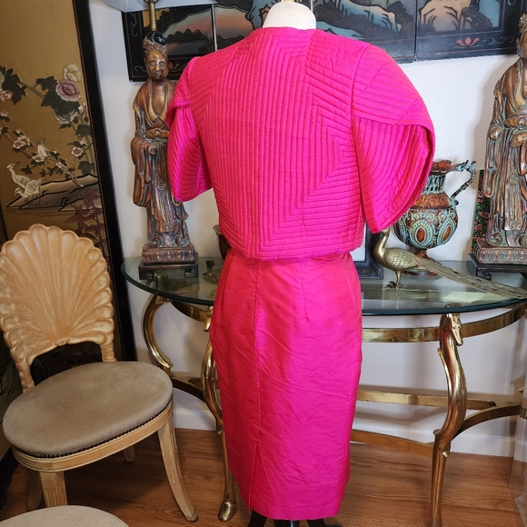Vintage Pink Boogies Thai 100%  Puff Silk  Jacket  & Dress Set - Picture 3 of 17